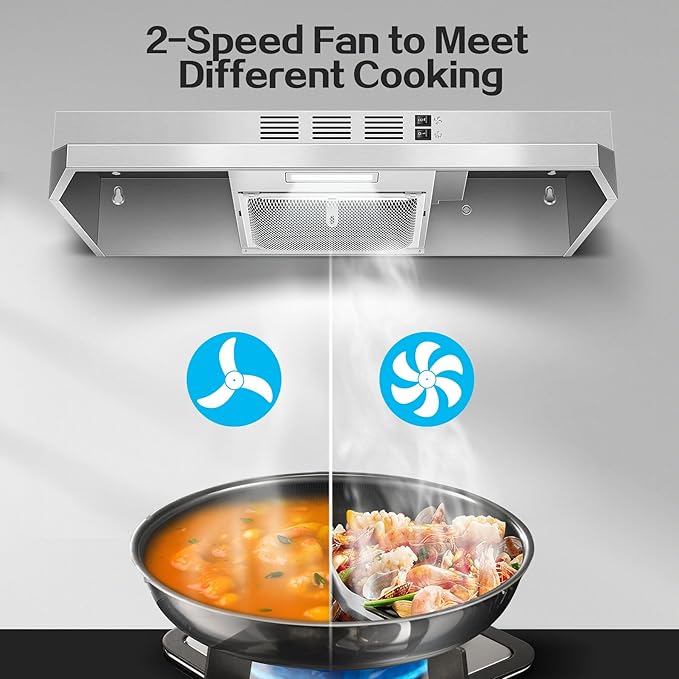 24 inch Range Hood Under Cabinet, Stainless Steel Kitchen Hood 280CFM, Ducted/Ductless Vent Hood with Rocker Button Control, Stove Hood with 2 Speeds Fan, Bright LED Light