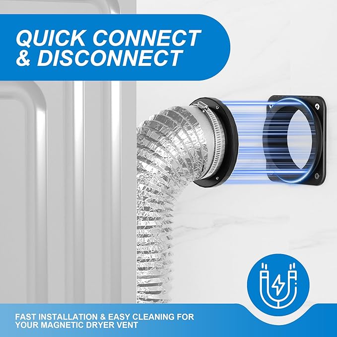 Magnetic Dryer Vent Coupling Connector Kit, Strong Magnet Airtight Seal, Quick Connect Disconnect, Easy to Clean Flexible 4" Exhaust Duct with 2 Clamps & Screws for Tight Spaces