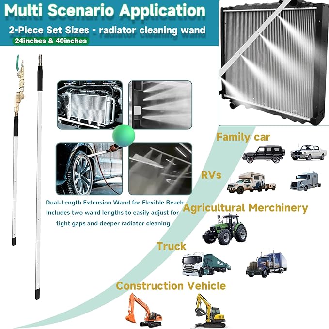 40" & 24" Radiator Cleaning Wand 2-Piece Set, 4500 PSI Stainless Steel Radiator Cleaner with Dual Water/Air Blow Gun Adapter & Quick Connector for Cars, Trucks, RVs, Heavy Equipment