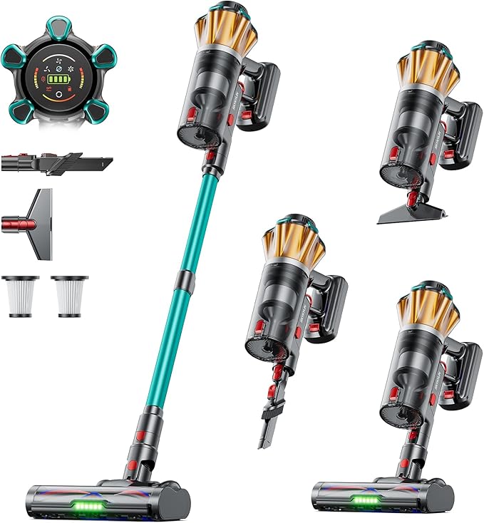 Cordless Vacuum Cleaner, 55Kpa 650W Stick Vacuum with Hurricane Mode, 70-Min Runtime, Anti-Tangle Brush, Self-Standing, LED Display, Cordless Vacuum for Pet Hair, Carpet & Hard Floor, car