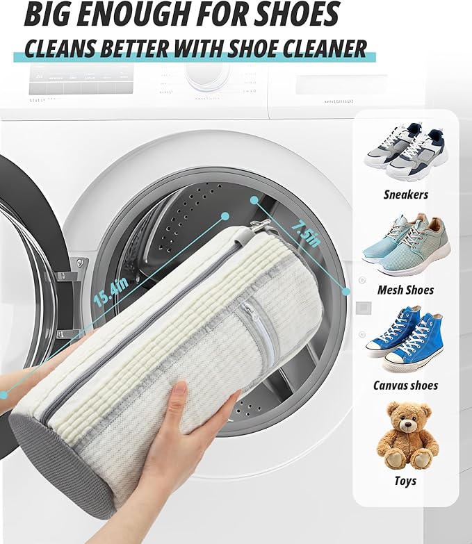 Shoe Washing Machine Bag, 2 Pack Shoe Cleaning Bag for Washer and Dryer, 360° Deep Cleaning Reusable Shoes Laundry Bags for Sneakers with Zipper Protection and Side Mesh Pouch, White