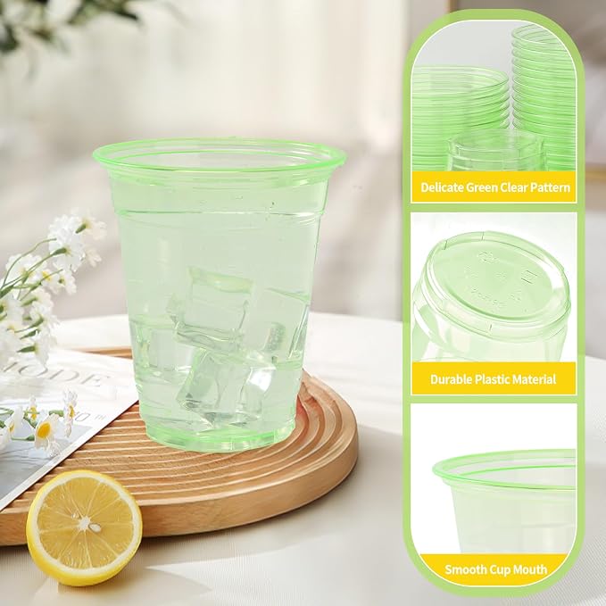 200 Pack Green Clear Plastic Cups 12 oz Disposable Drinking Cups for Wedding Green Birthday Party Supplies
