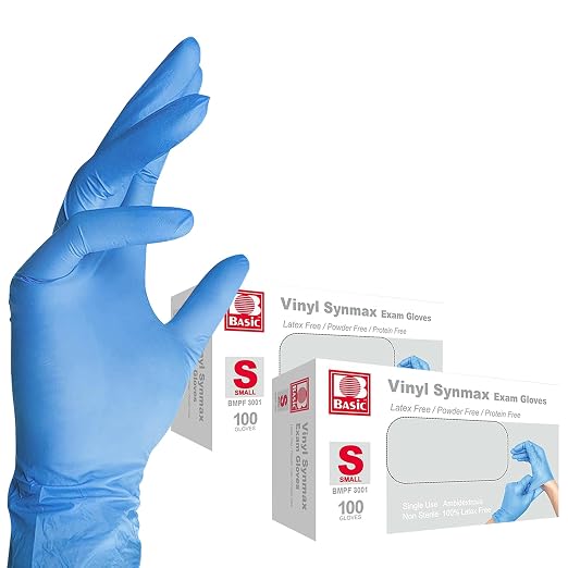 Basic Medical Synmax Vinyl Exam Gloves - Latex-Free & Powder-Free - Small, BMPF-3001 Blue 2 Boxes of 100