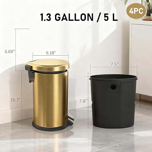 SIMPLYKLEEN Bathroom Trash Can with Lid - 4PC 1.3 Gallon/ 5L Oval Small Trash Can with Soft-Close Lid, Foot Pedal, Brushed Stainless Steel, Removable Liner, Garbage can for Kitchen, Office, Home Gold