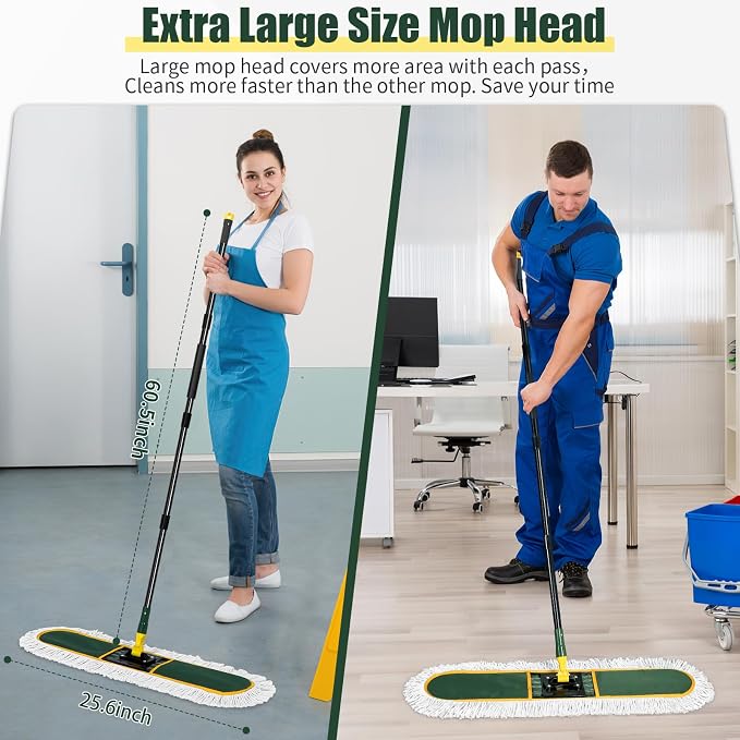 BUVE 24 Inch Commercial Dust Mop Heavy Duty, Dry Wet Dust Broom | 2 Cotton Mop Pads,60 Extendable Handle for Hardwood Floor Laminate Tile Concrete Cleaning,Home Garage Warehouse Use