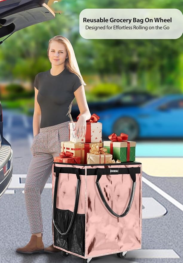 (Medium,Rose Gold) Reusable Grocery Bag on Wheels, 70L Foldable Rolling Tote, Shopping Trolley, Wide Zipper Shopping Carts for Trips, Laundry, Groceries, Camping, Storage,4 Heavy Duty Wheels