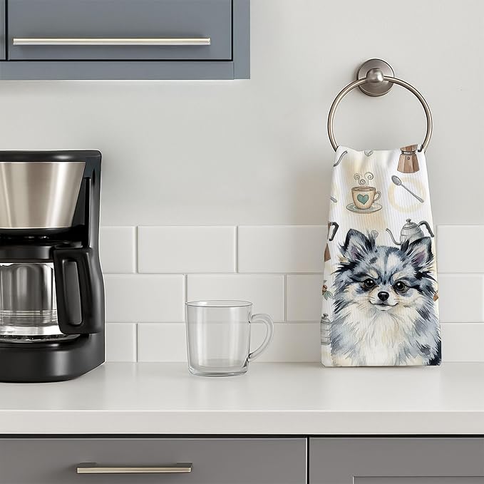 Caroline's Treasures Blue Merle Pomeranian Coffee Bar Kitchen Towel Velour Plush Front and Cotton Loop Back Machine Washable