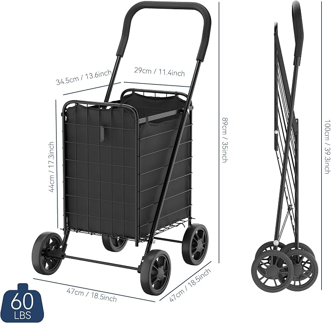 Whitmor Foldable Utility Shopping Cart with Wheels, 60Lb Capacity, Heavy Duty Grocery Cart with Steel Frame, Foam Handle, Rolling Utility Cart for Grocery, Laundry, Travel, Black/w Liner