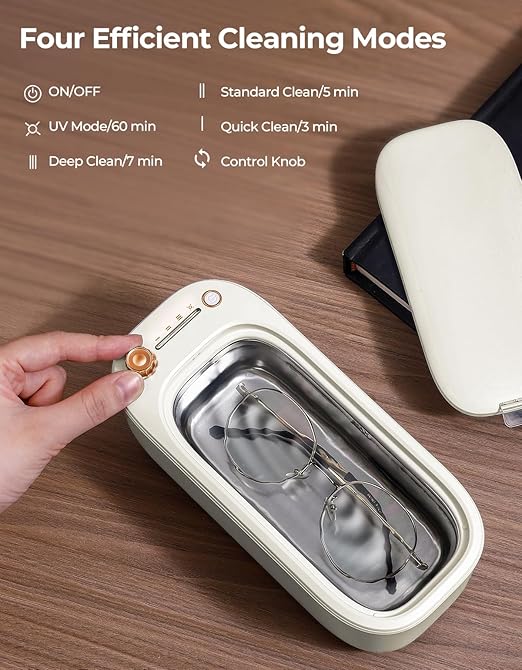 400ml Ultrasonic Cleaner Machine for Jewelry, Professional Electric Mini Cleaning Device with UV Light & 4 Modes for Glasses, Ring, Denture, Invisalign & Makeup Brush - Ivory