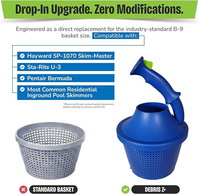Debris Z+ Pool Skimmer Basket (B-9 Size) – Fits Hayward SP1070, Pentair Bermuda, StaRite U-3 – Dual-Patent High Velocity Design, Quick Release Handle, Trap & Lock Debris Tech