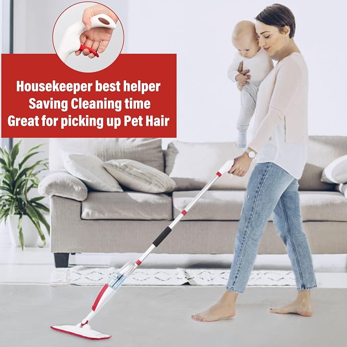 Wet Spray Mop for Floor Cleaning with 14 oz Bottle & 2 Microfiber Pads | Refillable bottle, washable pads, dry/wet use for home or commercial cleaning on hardwood, laminate, wood & ceramic floors
