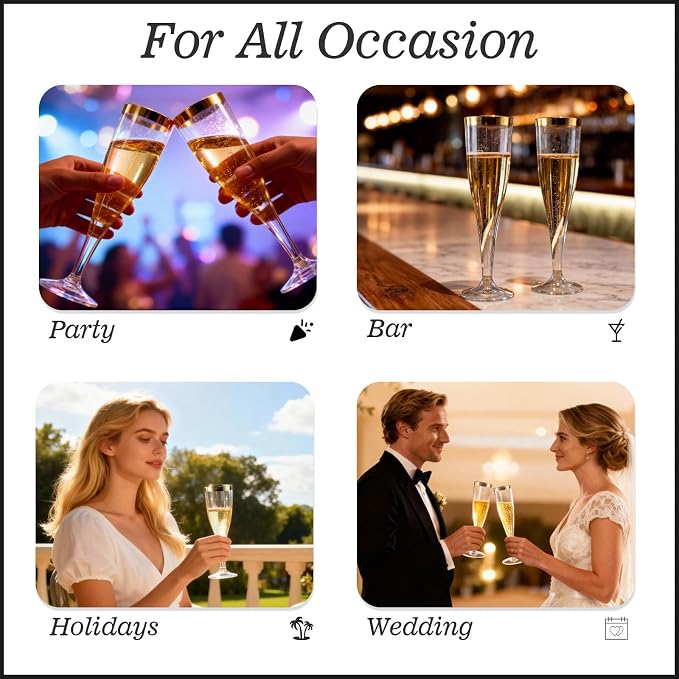 Bestluck 100 Pack Champagne Flutes Plastic with Gold Rim, 4.5 oz Clear Plastic Disposable Stemware, Disposable Champagne Flutes for Party, Mimosa Bar, Wedding, Anniversary and Graduation