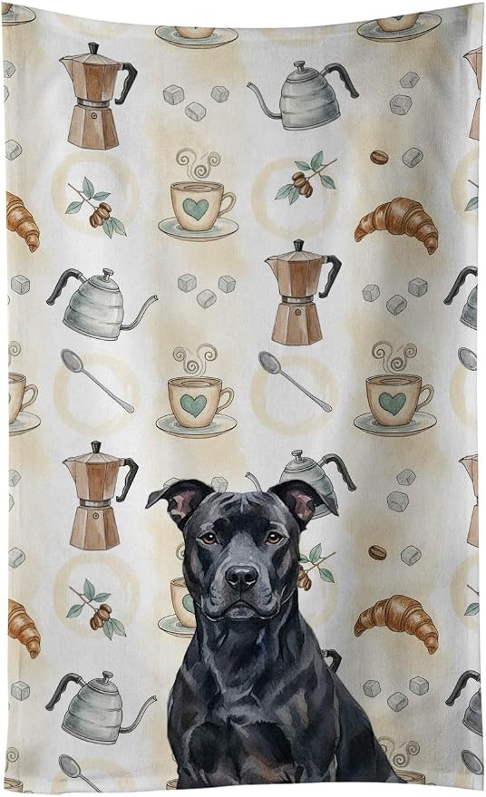 Caroline's Treasures Black American Staffordshire Terrier Coffee Bar Kitchen Towel Velour Plush Front and Cotton Loop Back Machine Washable