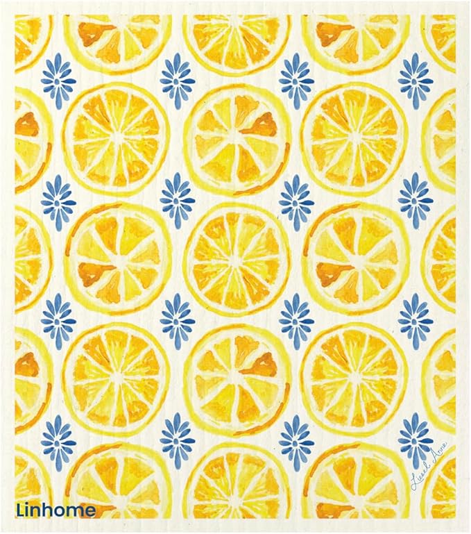 Lemon Collection Swedish Dishcloth, Reusable Paper Towel, Super Absorbent Cellulose Sponge, Kitchen Cleaning Cloth, Washable & Compostable (Lemon Zest Tile - 1 Pack)