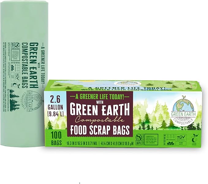 Green Earth Compostable Small Kitchen Food Scrap Trash Bags, Compost Bin Compatible, 2.6 Gallon, 10 Liter, 300-Count, Extra Thick 0.71 Mil, ASTM D6400, BPI (US) & OK Compost Home (EU) Certified