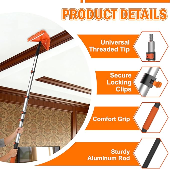 LAANPOLE 30FT Reach Dusters for Cleaning, Ceiling Fan Cleaner Duster with Extension Pole, Wall and Baseboard Cleaner Mop with Handle for Window Cobweb Fan Blade and High Ceiling