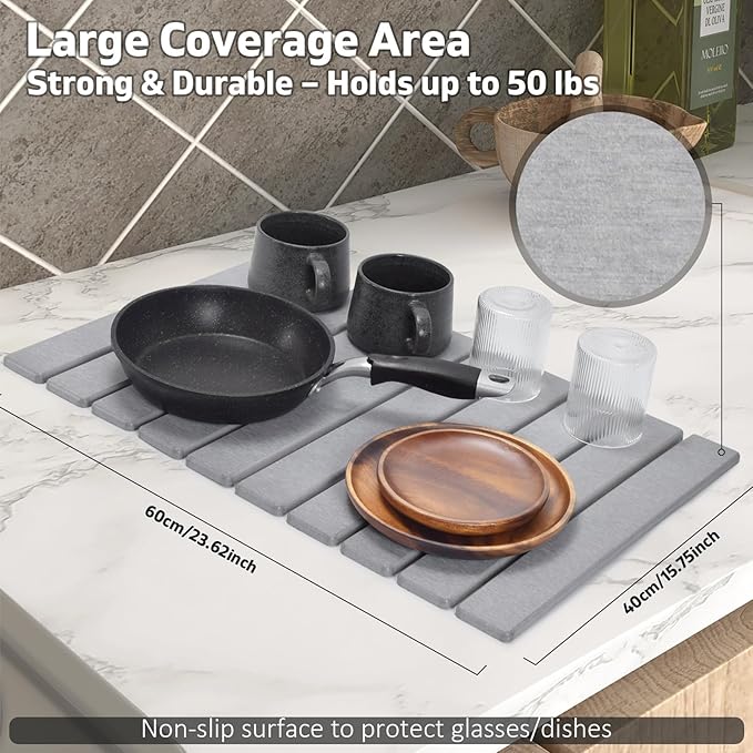 Stone Dish Drying Mats for Kitchen Counter, 24"(L)×16"(W), Drying Collapsible Dish Drying Mat, Eco-Friendly Absorbent Diatomaceous Earth Mats for Dishes Bottles Cups, Match Any Countertop