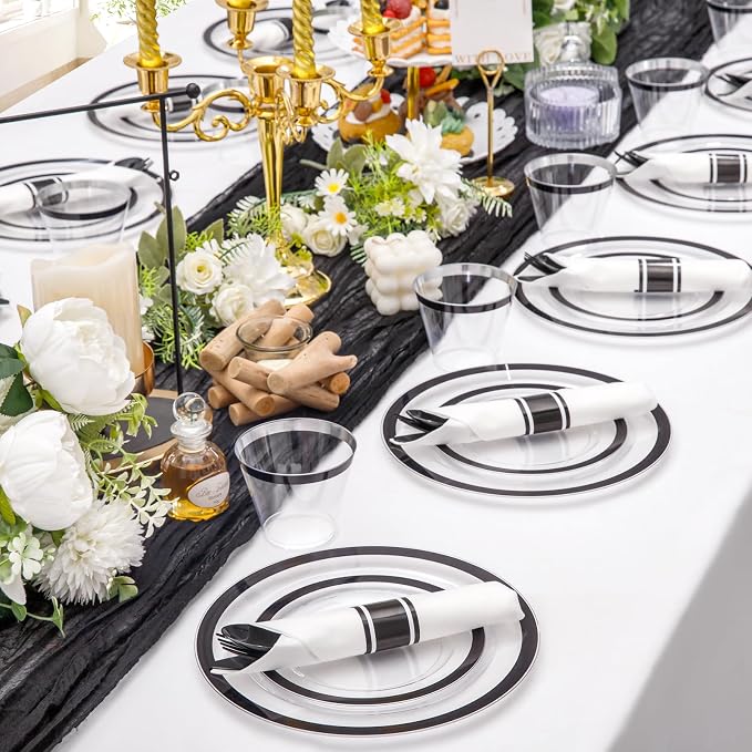 Liacere 350PCS Clear Black 350PCS Disposable Dinnerware Set for 50 Guests- 100 Plastic Plates, 50 Pre rolled Black Silverware,50 Plastic Cups for Wedding & Party & Graduation& 4th of July