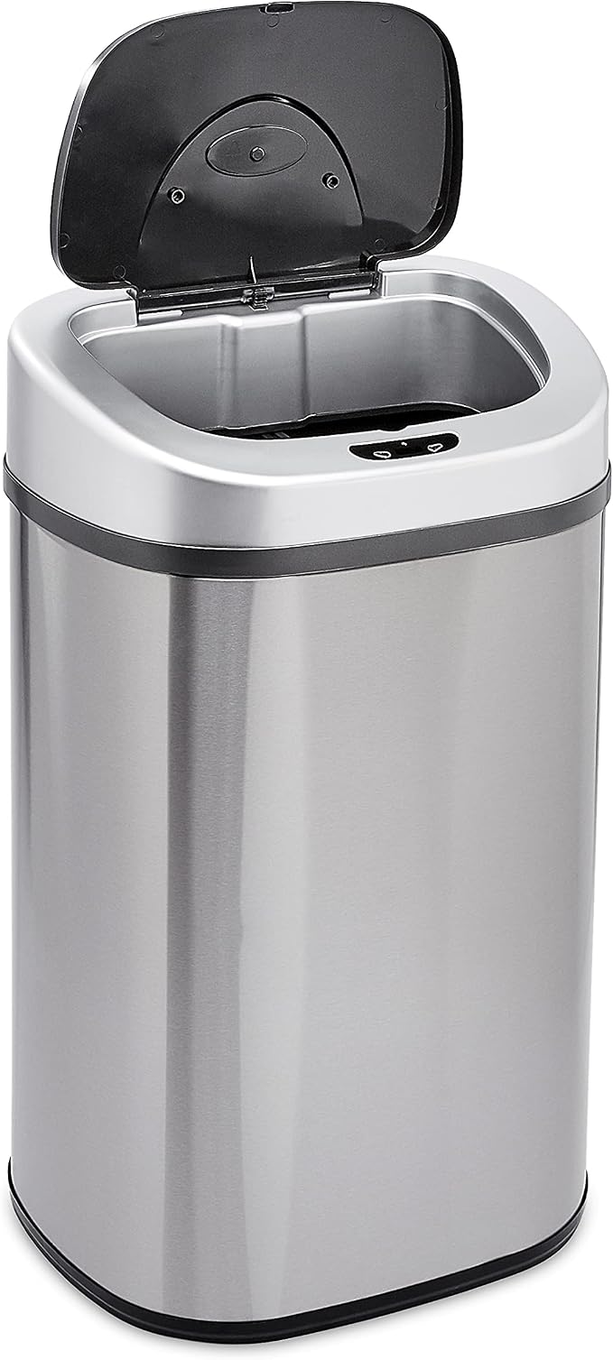 Amazon Basics Automatic Dual Compartment Trash Can with Lid, Hands-Free, Fingerprint Resistant, Odor Control, Stainless Steel, D-Shaped, 80 l, 2 Bins