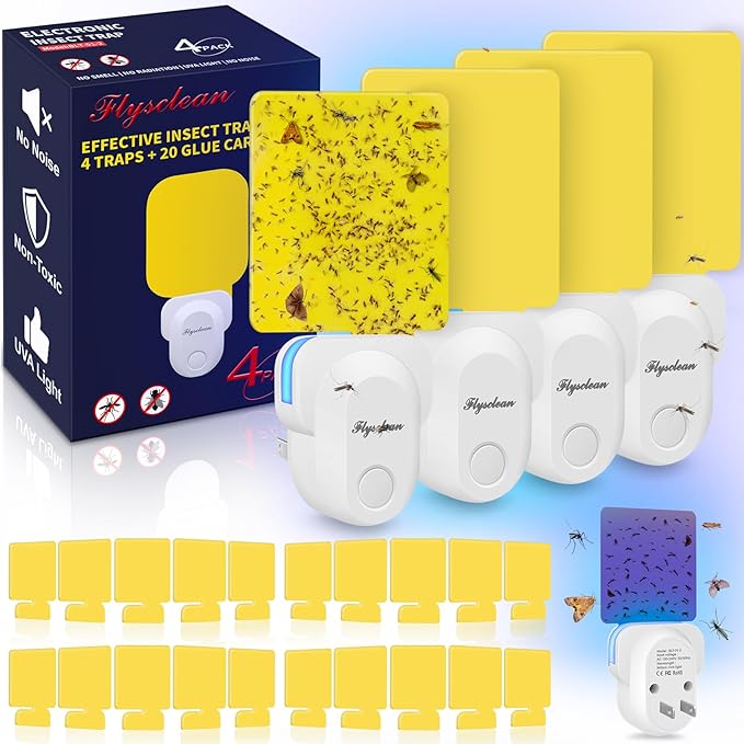 Flying Insect Trap Plug-in, Indoor Mosquito & Gnat Killer, Safe Non-Toxic UV Light Fly Catcher, Night Light Bug Trap with Sticky Pad for Flies, Gnats, Moths (4 Pack, White)