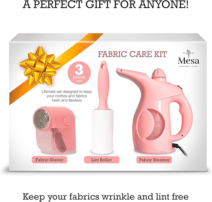 Inspired Living Fabric Care Kit – 3-Piece Garment Care Set with Handheld Steamer, Lint Roller & Fabric Shaver/Defuzzer – Wrinkle Remover & Clothing Refresh Essentials – Blush Pink