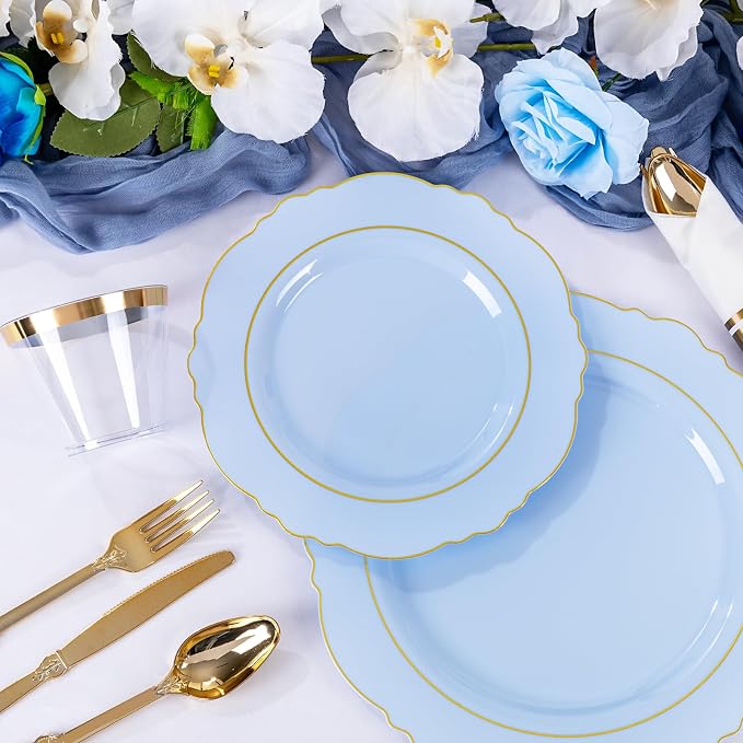 Liacere 350PCS Blue Plastic Plates - Disposable Blue and Gold Plates 50guest Baroque Plastic Dinnerware include 100Plates, 50Pack Pre Rolled Napkins with Silverware 50Cups for Wedding&Party