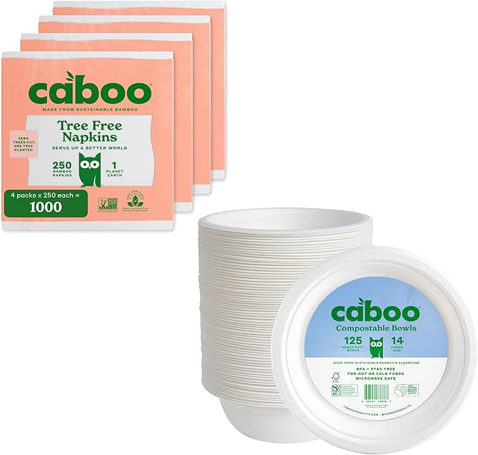 Caboo Napkins 4 Pack + Paper Bowls Bundle - Natural Bamboo Based Paper Products - Sustainable Alternative to Plastics and Papers for Home, Travel, and Personal Care