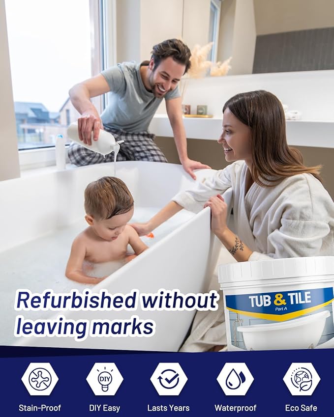 Tile Paint, 10.6oz Tub and Tile Paint Refinishing Kit with Tools and Hardener, Easy to Use for Countertop Bathroom Bathtub Kitchen Sink, Semi-Gloss White, Low Odor，15-18sq.ft