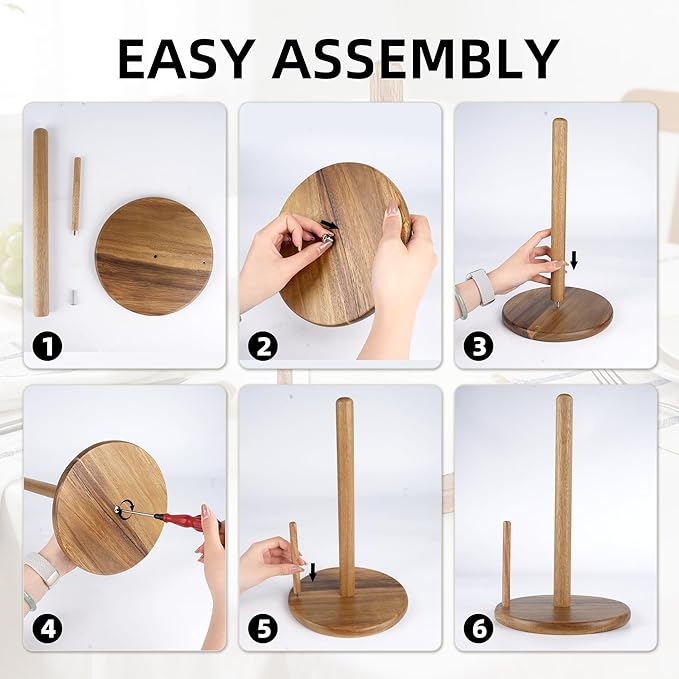Jumbo Acacia Wood Paper Towel Holder – Large 8.27" Diameter Non-Slip Base, Countertop Wooden Paper Towel Holder for Kitchen, Dining, Coffee Bar, Thick & Stable, Easy Assembly, Natural Wood Finish
