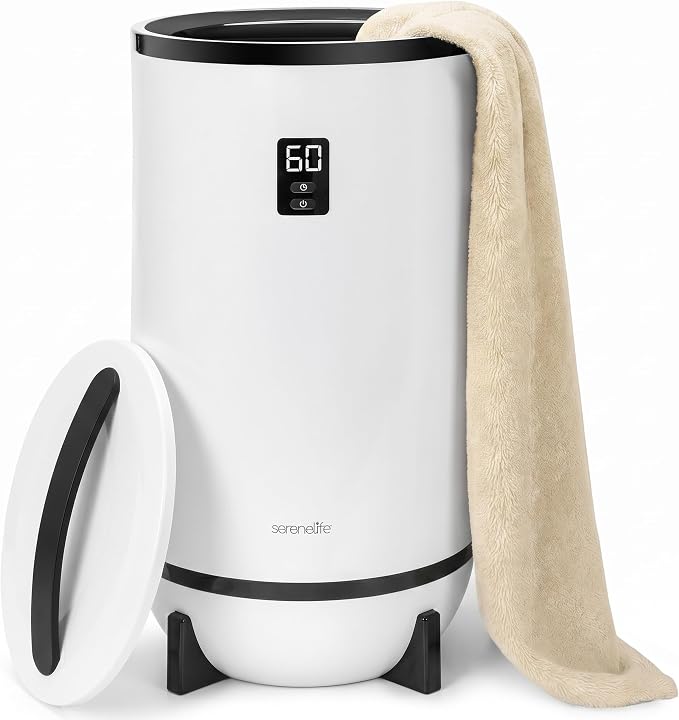 SereneLife Towel Warmer Bucket Style – Portable Blanket Heater for Spa and Bathroom, Large Capacity, Customizable Fragrance, Auto Shut-Off, Fits 2 Large Towels or Blankets, One-Touch Control, Black