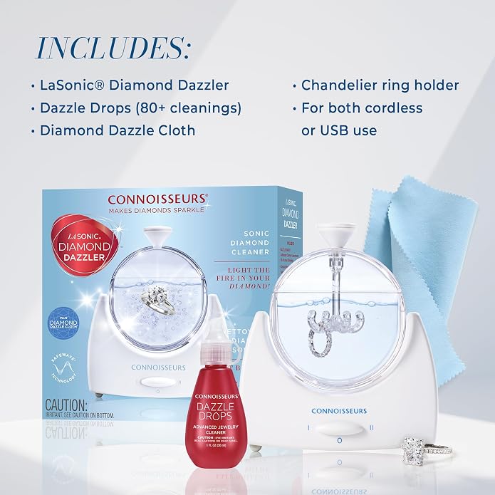 Connoisseurs LaSonic Diamond Dazzler - Includes Sonic Ring Cleaner, Dazzle Drops Advanced Jewelry Cleaner Concentrate, and Cleaning Cloth