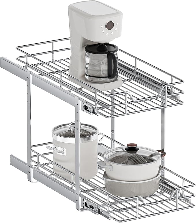 2-Tier Pull Out Cabinet Organizer, 12.5" W x 21.5" D, Heavy Duty Dual Slide Out Shelves for Narrow Base Cabinets, Chrome Wire Basket Drawer for Spices, Bottles & Snacks