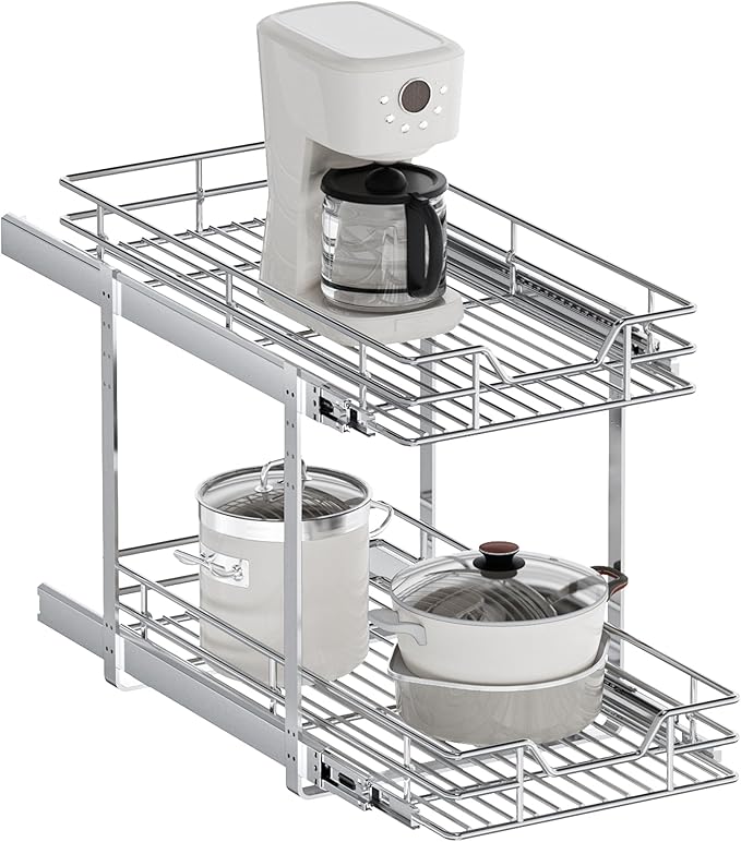 2-Tier Pull Out Cabinet Organizer, 13.5" W x 21.5" D, Heavy Duty Dual Slide Out Shelves for Base Cabinets, Chrome Wire Basket Drawer for Pantry, Kitchen & Bathroom Storage