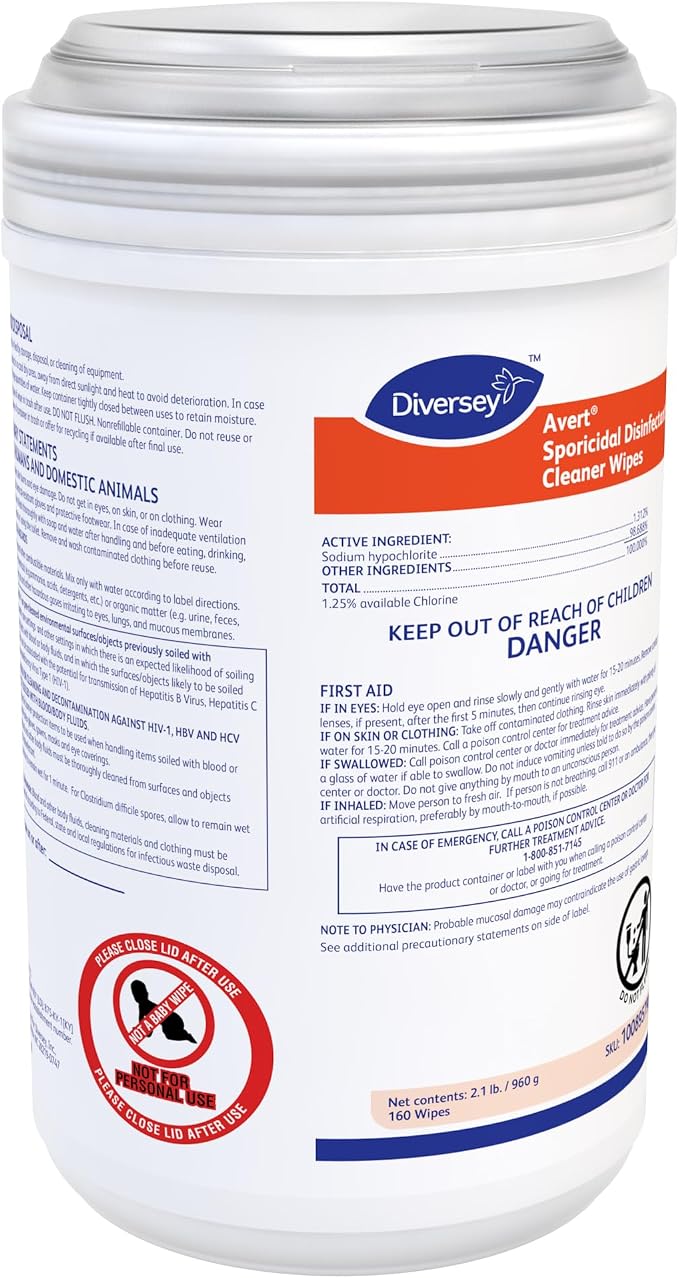 Diversey 100895790 Avert Sporicidal Disinfectant Cleaner, Hospital Grade Kills C. Difficile Spores, Standard Size Wipes, 160-Wipes, 1-Canister
