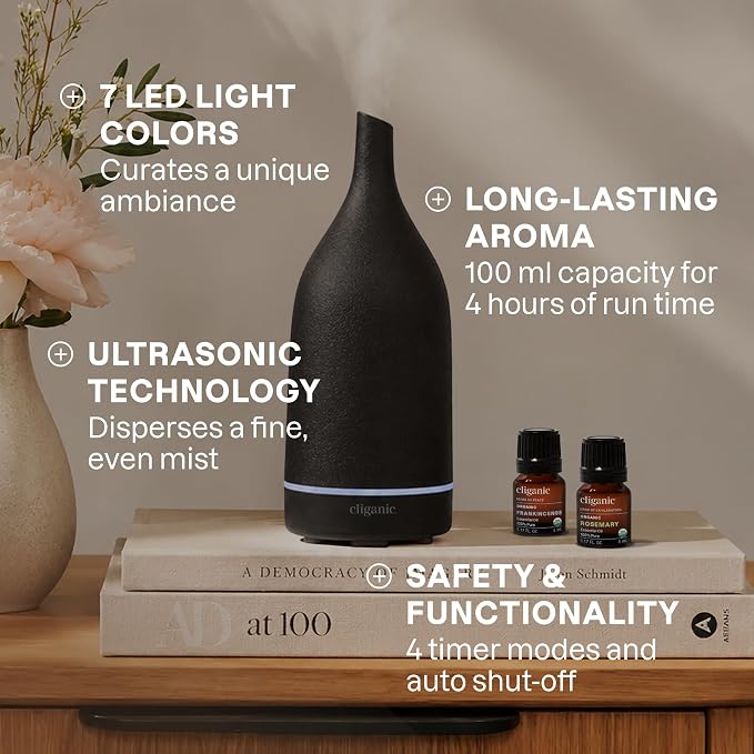 Cliganic Ceramic Aromatherapy Diffuser for Essential Oils (Black) - 7 Color Lights, Cool Mist, Auto Shut Off for Home & Office