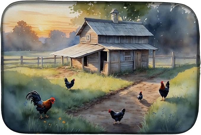 Caroline's Treasures Chicken Coop at Dawn Dish Drying Mat Absorbent Dish Drying Mat Pad for Kitchen Counter Dish Drainer Mat for Countertop, 14 x 21", Multicolor