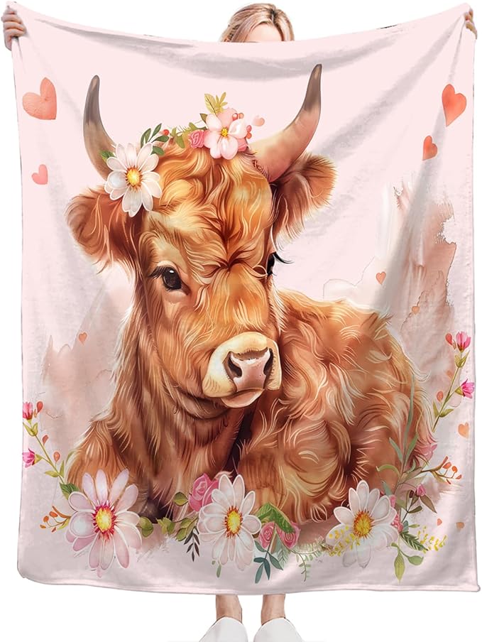 Tijuboni Pink Cow Throw Blanket Highland Cow Gifts for Girls Women Boys Men Kids Adults Soft Flannel Fleece Blanket for Couch Sofa Bed Home Decor 50"x60"