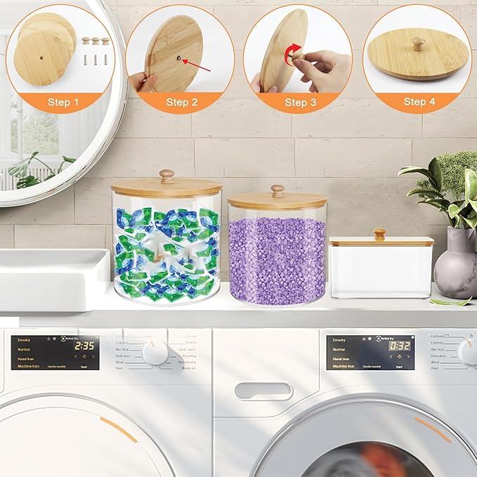 3 Pack Large Laundry Pods Container & Dryer Sheet Holder Set, Plastic Laundry Organization Jars with Lids, Labels, Scoops & Scent Booster Spoons for Detergent and Powder
