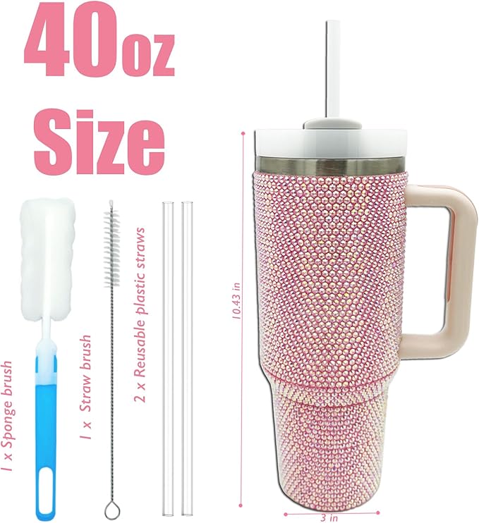 40oz Bling Tumbler with Handle and Straw Lid Rhinestone Studded Tumbler Cups Vacuum Insulated Stainless Steel Double Wall Water Bottle Travel Mug Gifts for Women Her (Light Rose)