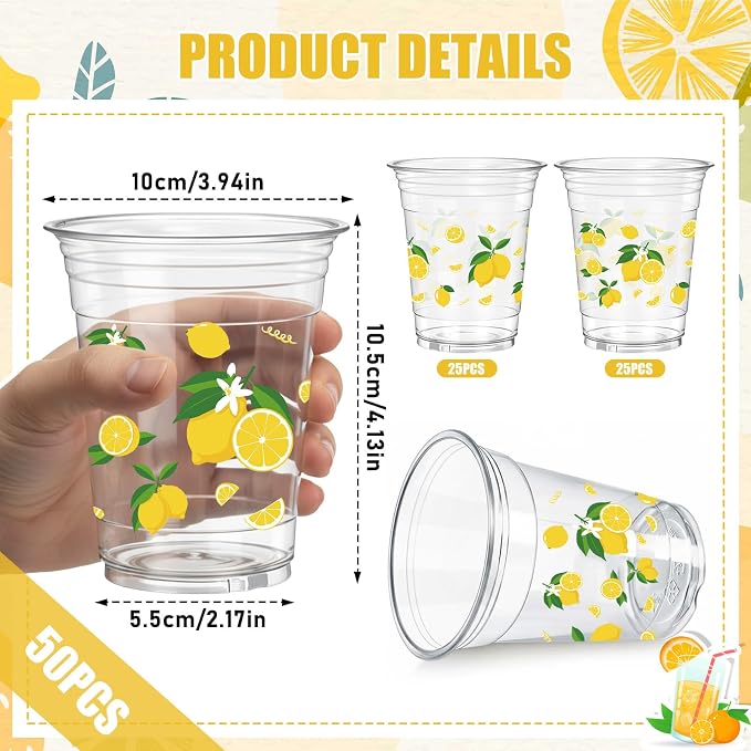 Rngmsi Lemon Plastic Cups for Party - 50 Pcs Lemonade Stand Supplies, 12 OZ Clear Disposable Lemonade Cups, Summer Lemon Party Decorations for Birthday