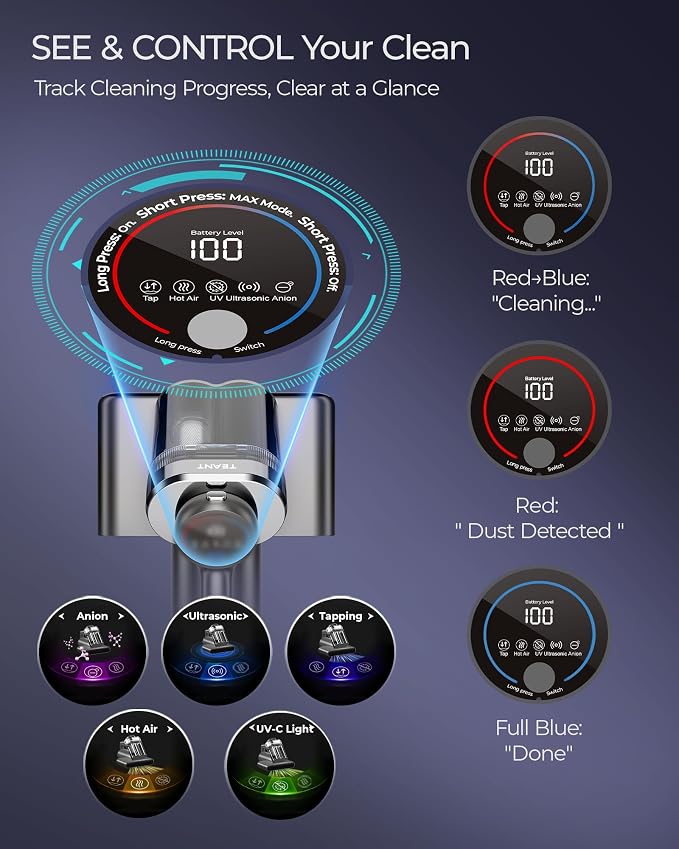 Teant Upgrade Cordless Mattress Vacuum with 18kPa Ultra-Deep Suction, 2-Speed Bed Vacuum with 33000 RPM/Min Roller Brush, 253.7nm UV-C Light & LED Display, HEPA, 149℉ Heat, Aroma & Anion for Bed Sofa