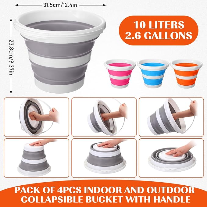 Pickmesh 4 Pcs Collapsible Bucket 2.6 Gallon (10l) Foldable Collapsible Sand Bucket with Handle Small Cleaning Pail for Household Outdoor Car Washing Camping Beach Sand (Blue, Pink, Orange, Gray)