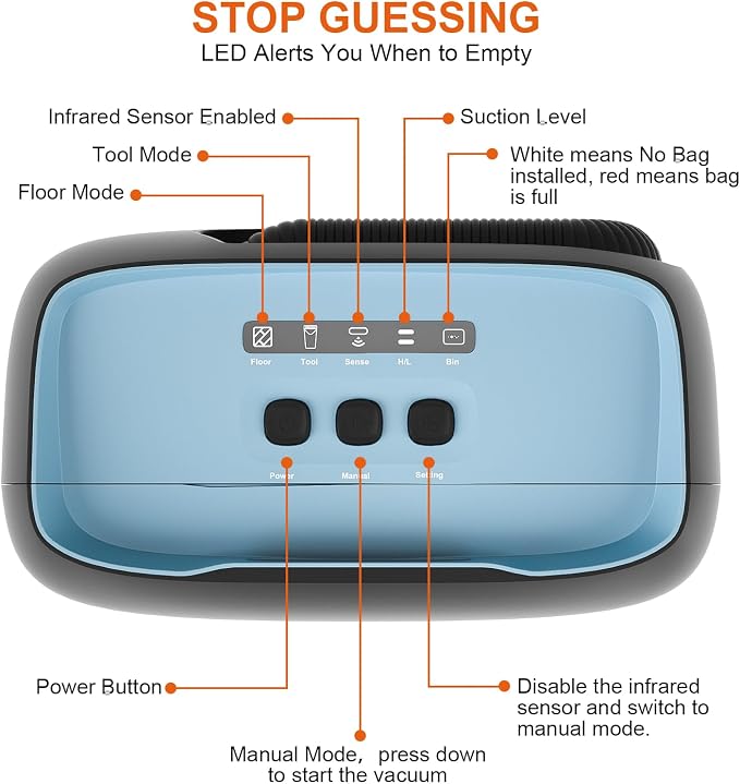 Touchless Vacuum Automatic Dustpan, Electric Dustpan with 5-Pack Disposable Dust Bags, 17KPA Strong Suction, IR Sensor, LED Alerts, Handheld Accessories for Floors/Corners/Pet Hair/Salons
