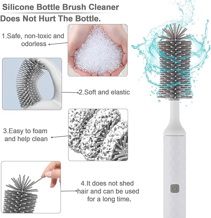 Electric Bottle Cleaner Set - 4 Piece Silicone Brush for Bottles, Pacifiers, Straws - USB Charged 360 High-Speed Rotation Cleaning
