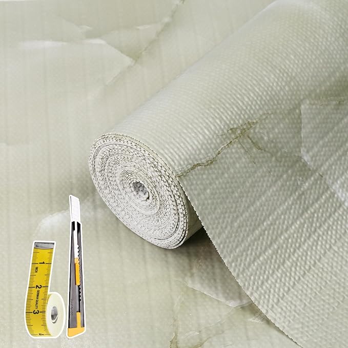 2-Layer Drawer and Shelf Liner for Kitchen Cabinet: 23.6in X 30Ft Non Slip Waterproof Shelf Paper Non Adhesive Refrigerator Liners Cyan Marble Easy Liners for Bathroom with Knife Tape Measure