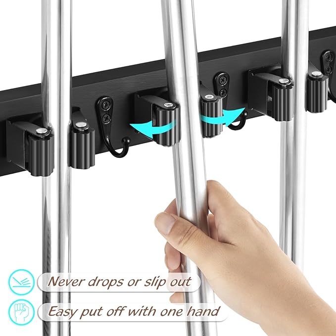 OUTNILI Black Mop Broom Holder Wall Mount with 4 Slots & 4 Hooks - Rustic Wood Broom Mop Hanger for Pantry Closet Laundry Room Organization - Heavy Duty Garden Tool Organizer - Black Kitchen Decor