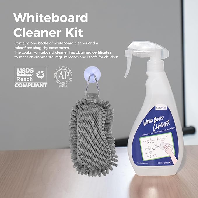 loukin Whiteboard Accessories Bundle | Non-toxic Whiteboard Cleaner (17 fl oz) & Shag Dry Erase Eraser & Magnetic and Adhesive Marker Holder (Black)