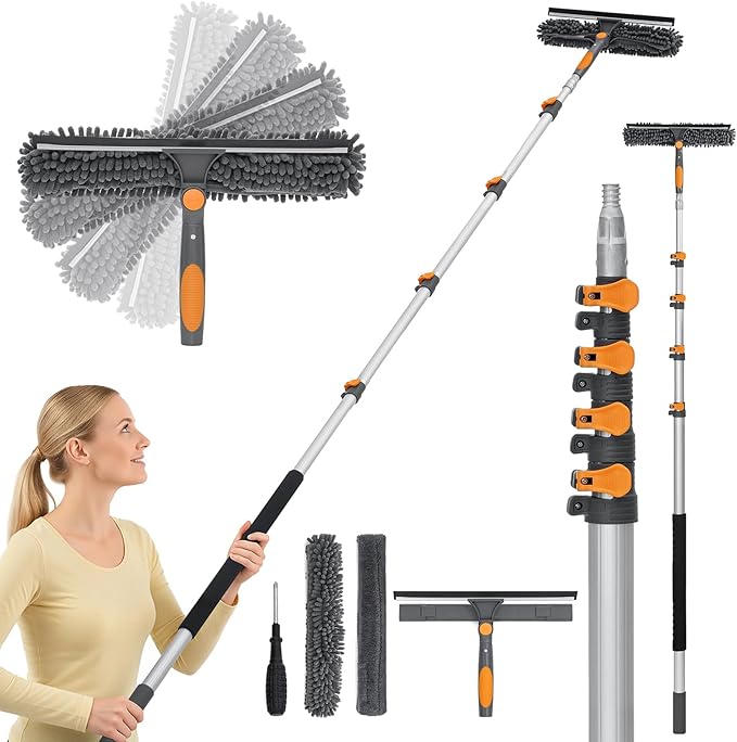 26Ft Window Squeegee with 5-19 FT Extension Poles, 2-in-1 Window Cleaning Kit with Telescopic Pole, Extra-Large 14" Window Squeegee Window Cleaner Tool with Adjustable Head, for High Window, Glass, RV
