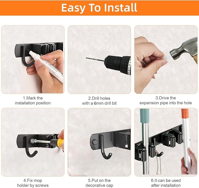 CUXIXA 2 Pack Mop and Broom Holder Wall Mount, Non-slip Broom Hanger Wall Mount, Heavy Duty Mop Broom Organizer for Kitchen Garden Garage Laundry Room Wall Decor Organization and Storage Black 4R5H