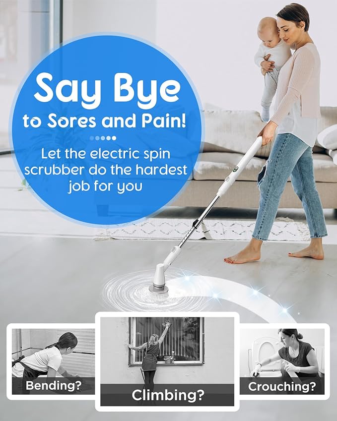 Electric Spin Scrubber with Big Display, Fast Charging Cordless Cleaning Brush with Adjustable Long Handle, 2 Speeds & 4 Replaceable Brush Heads, 1.5H Runtime Shower Scrubber for Deep Cleaning